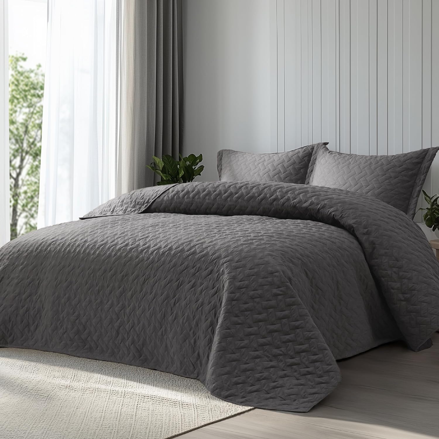 Basket Weave Grey Quilt Bedding Set