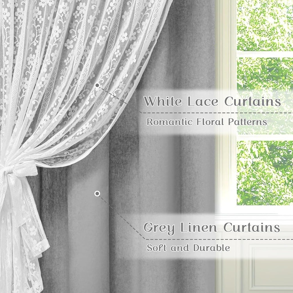 Grey Double Layer Linen Farmhouse Curtains Set of 2