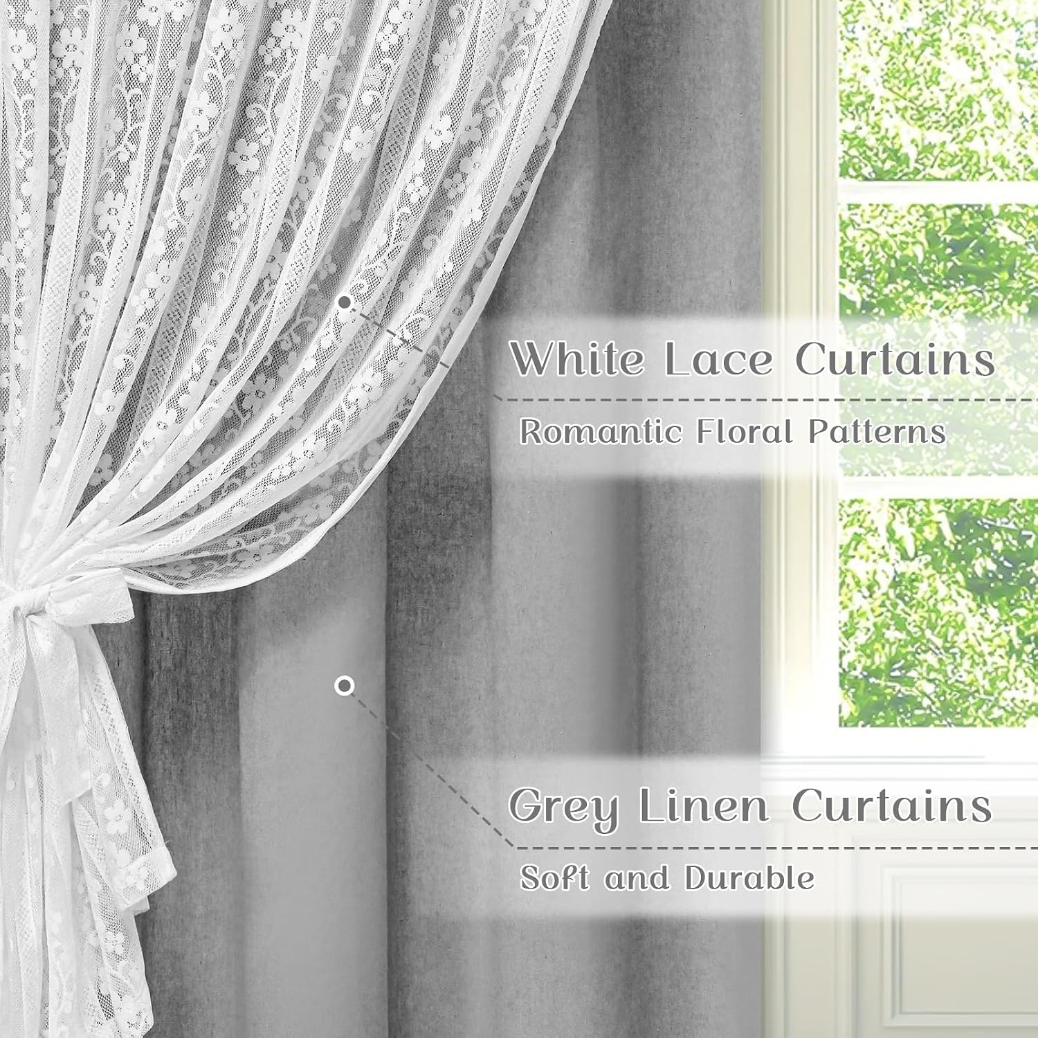 Grey Double Layer Linen Farmhouse Curtains Set of 2