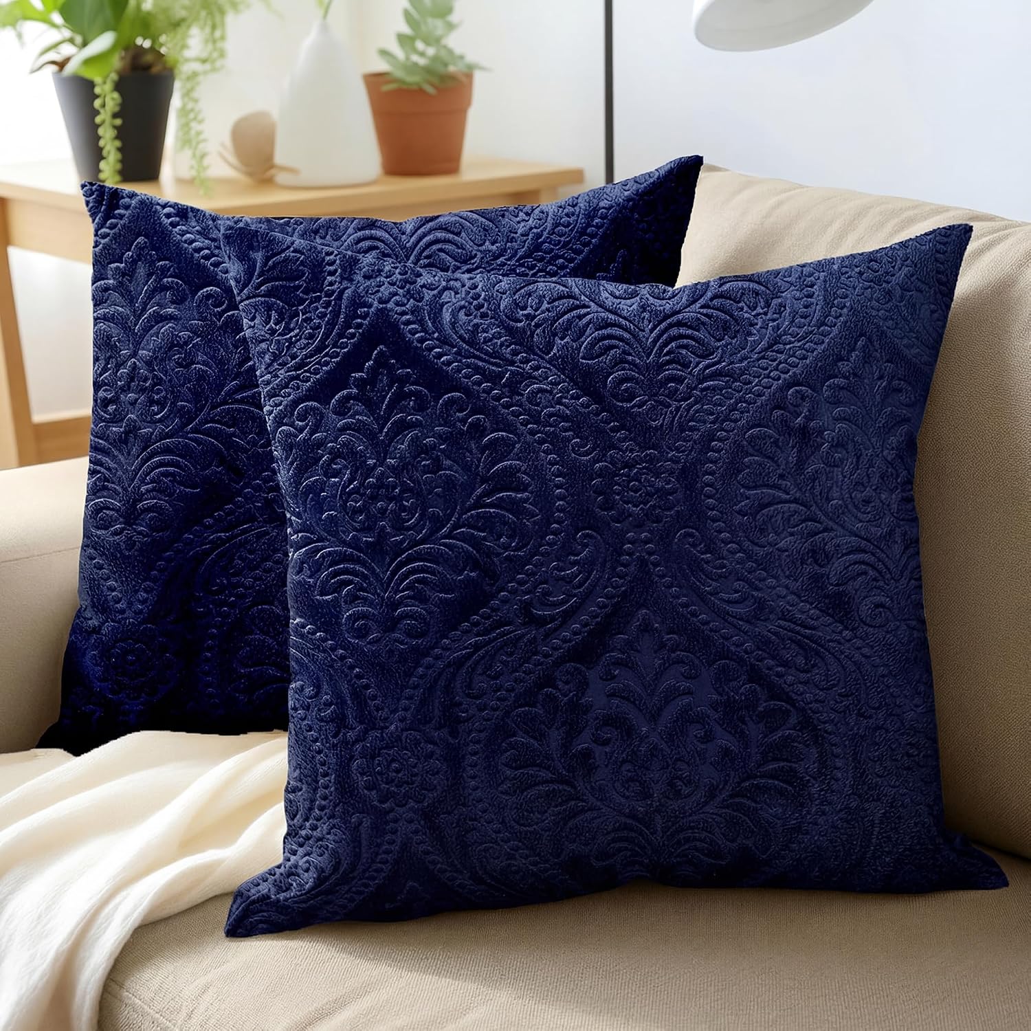Navy Blue Embossed Velvet Pillow Covers Set of 2