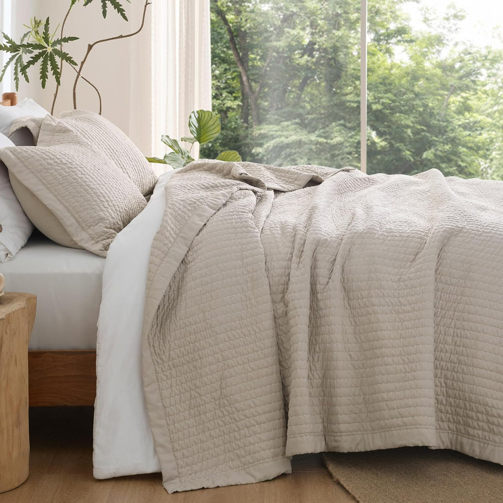 Striped Neutral Microfiber Quilt Bedding Set