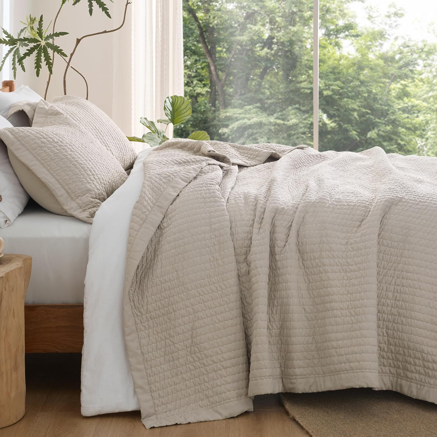 Striped Neutral Microfiber Quilt Bedding Set