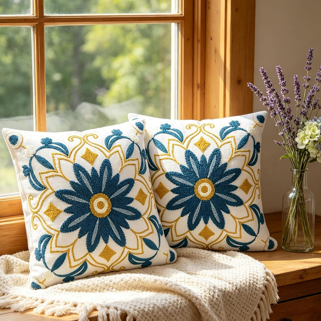 Boho Floral Embroidered Coastal Pillow Covers