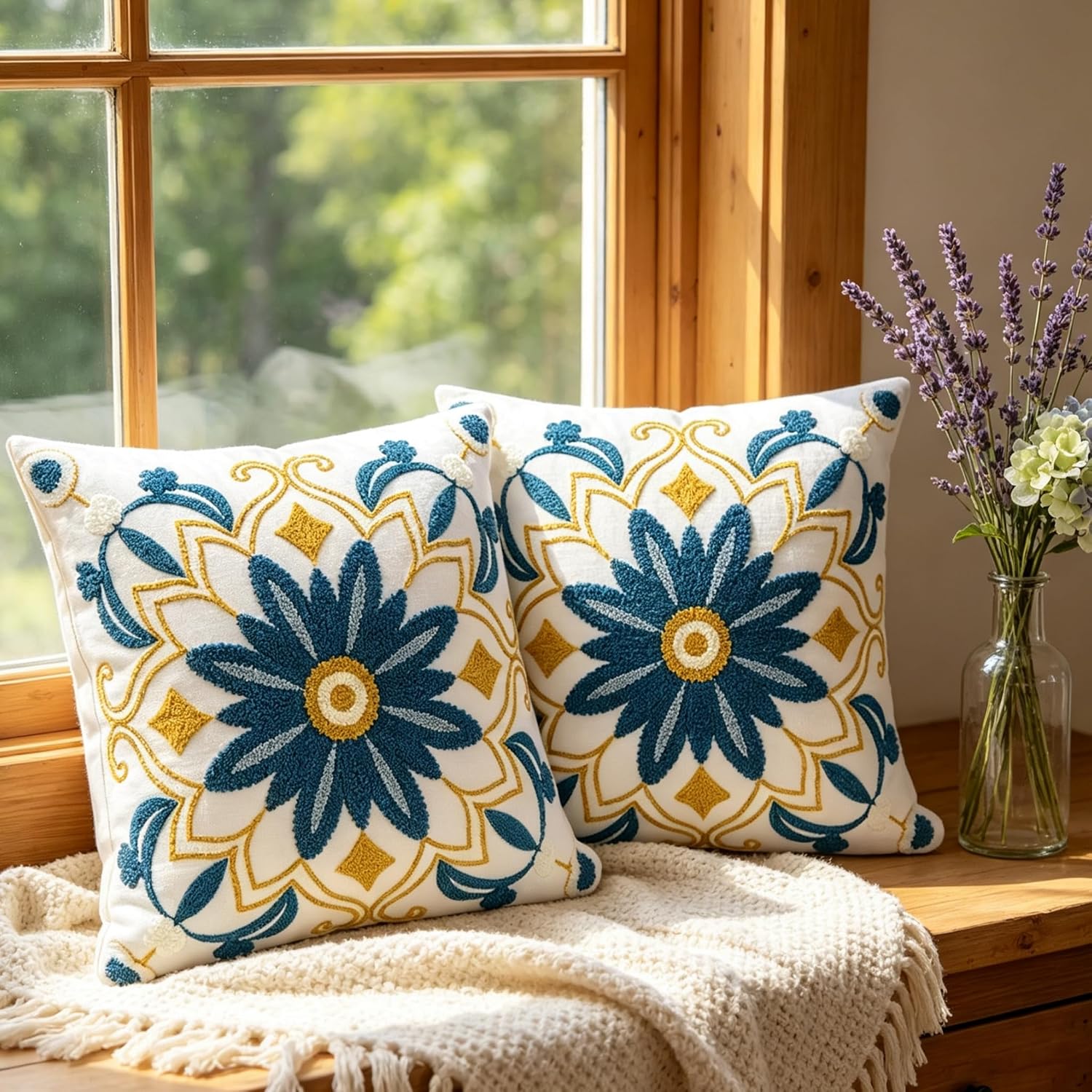 Boho Floral Embroidered Coastal Pillow Covers
