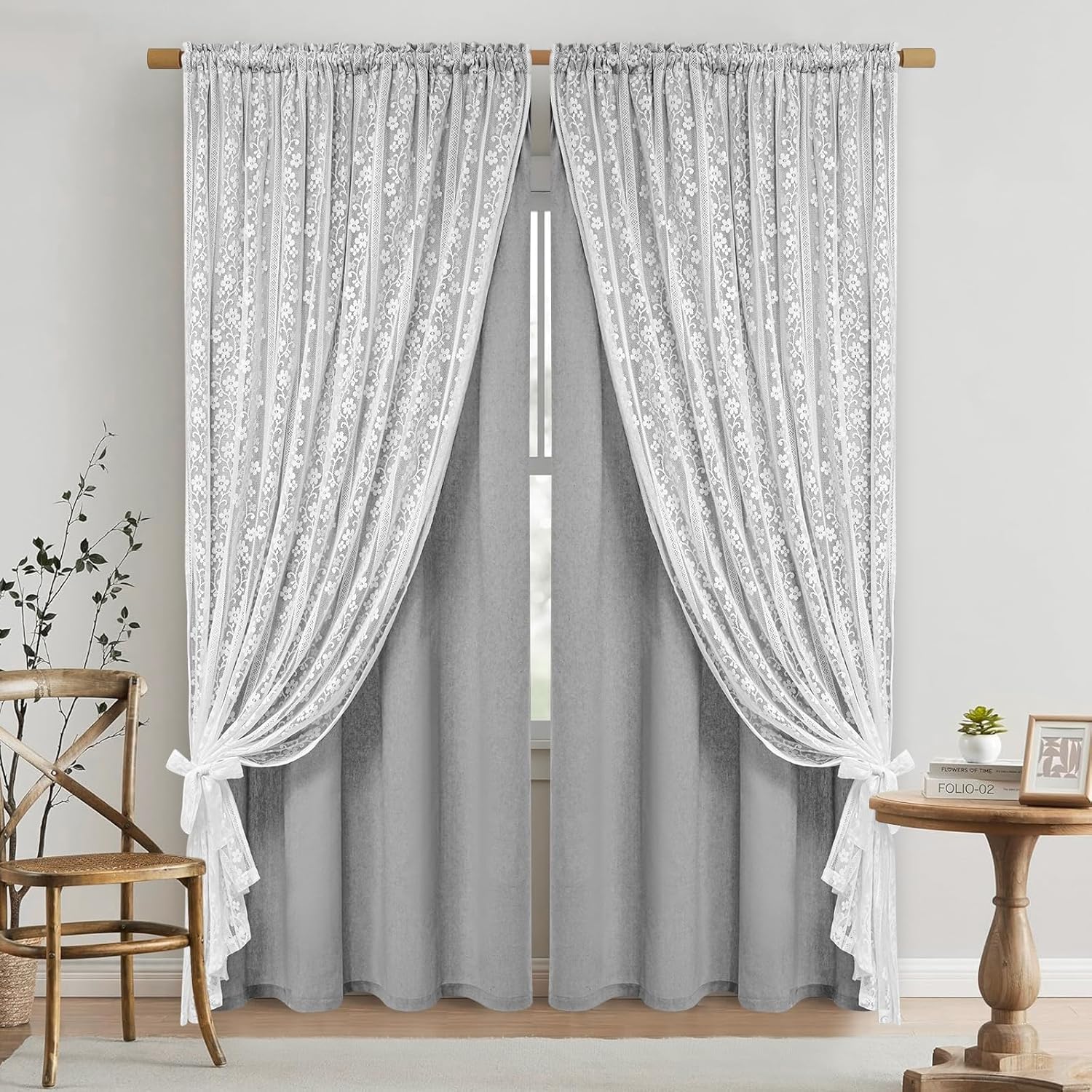 Grey Double Layer Linen Farmhouse Curtains Set of 2