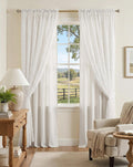 White Linen Floral Lace Overlay Curtains Set of 2