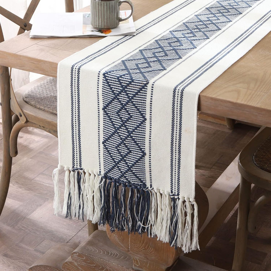 Tasseled Blue Boho Farmhouse Table Runner