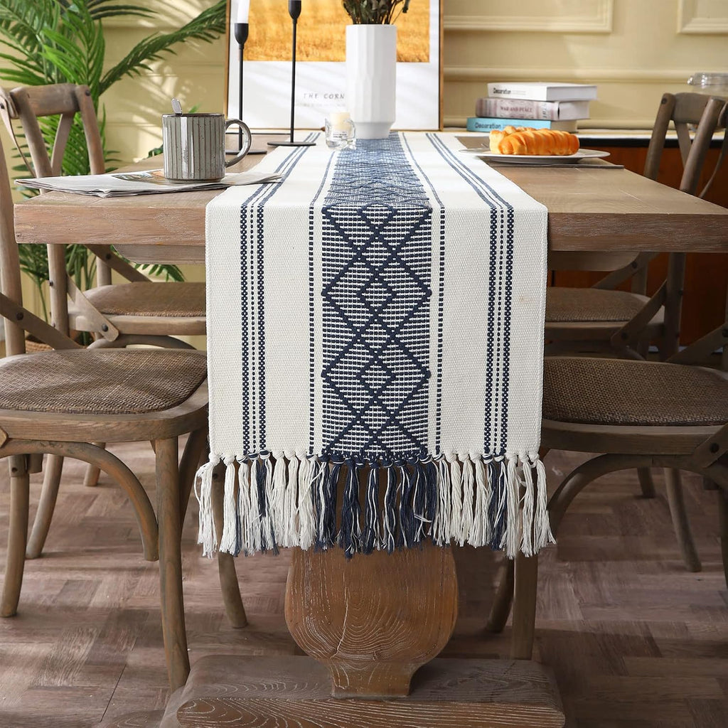 Tasseled Blue Boho Farmhouse Table Runner