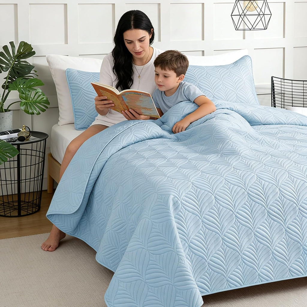 Reversible Light Blue Pattern Quilt Set