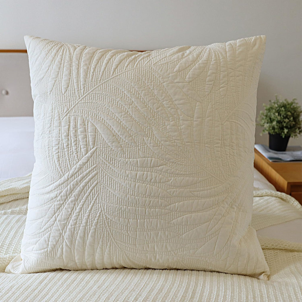 Cream Leaf Embroidered Cotton Euro Pillow Shams