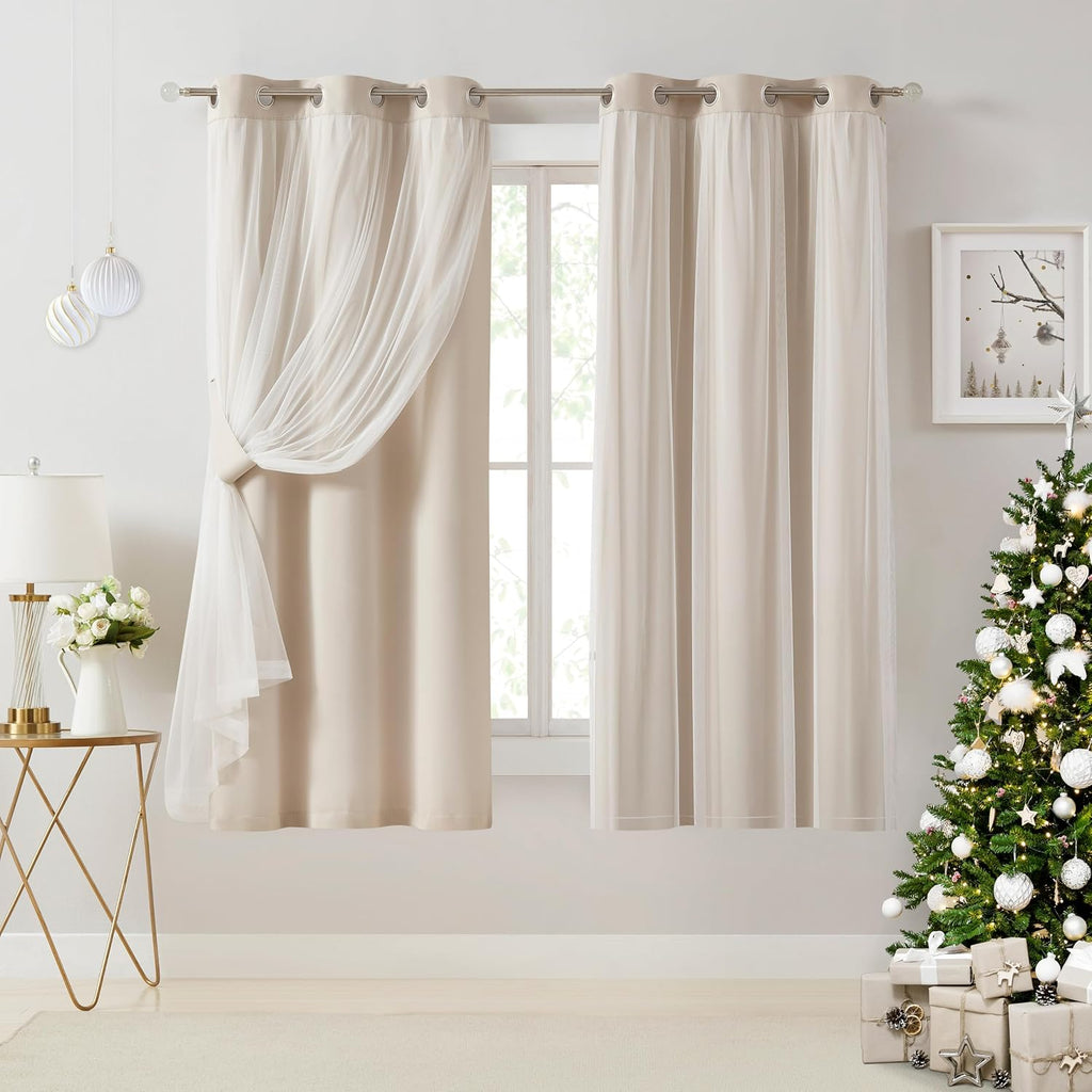Beige Double Layer Blackout Curtains Set of 2