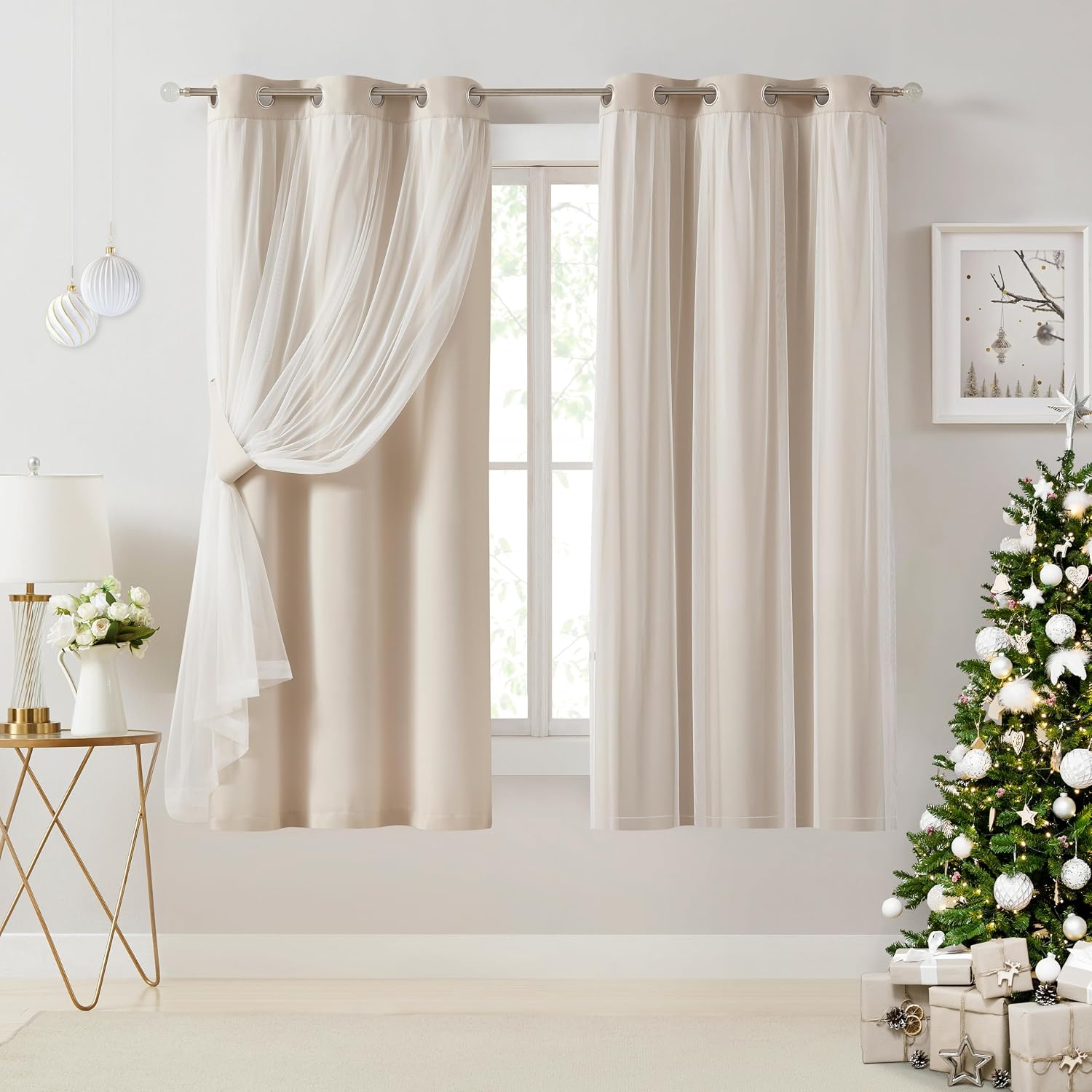 Beige Double Layer Blackout Curtains Set of 2