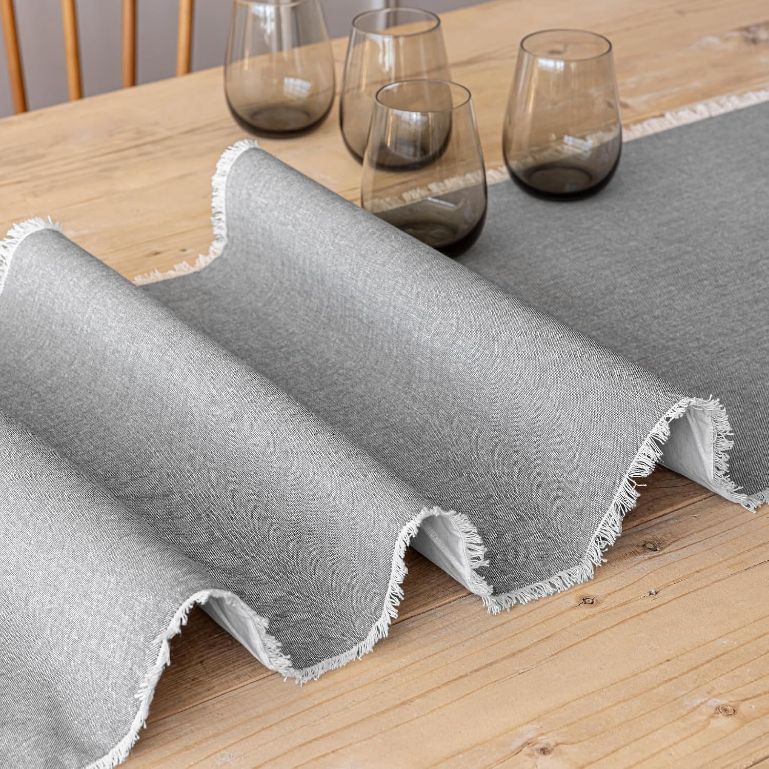 Frayed Chambray Grey Cotton Table Runner