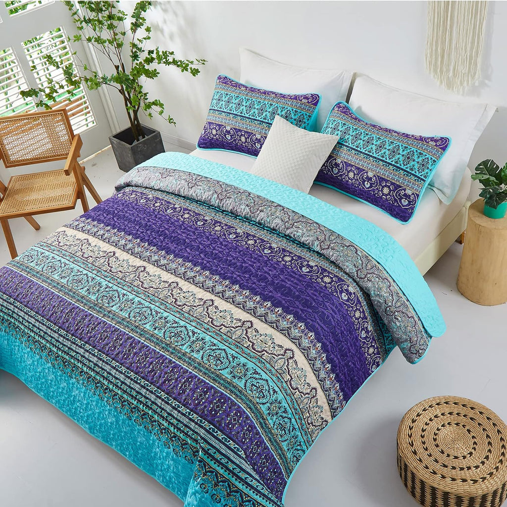 Boho Blue Purple Microfiber Quilt Set