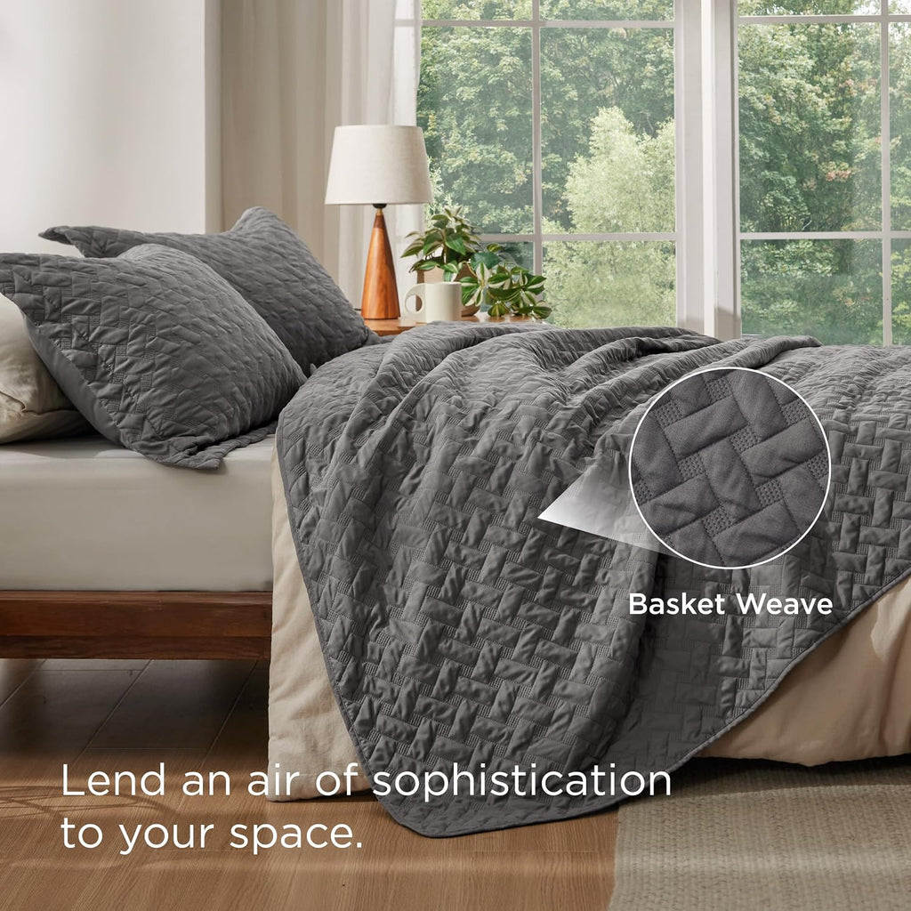 Basket Weave Grey Quilt Bedding Set