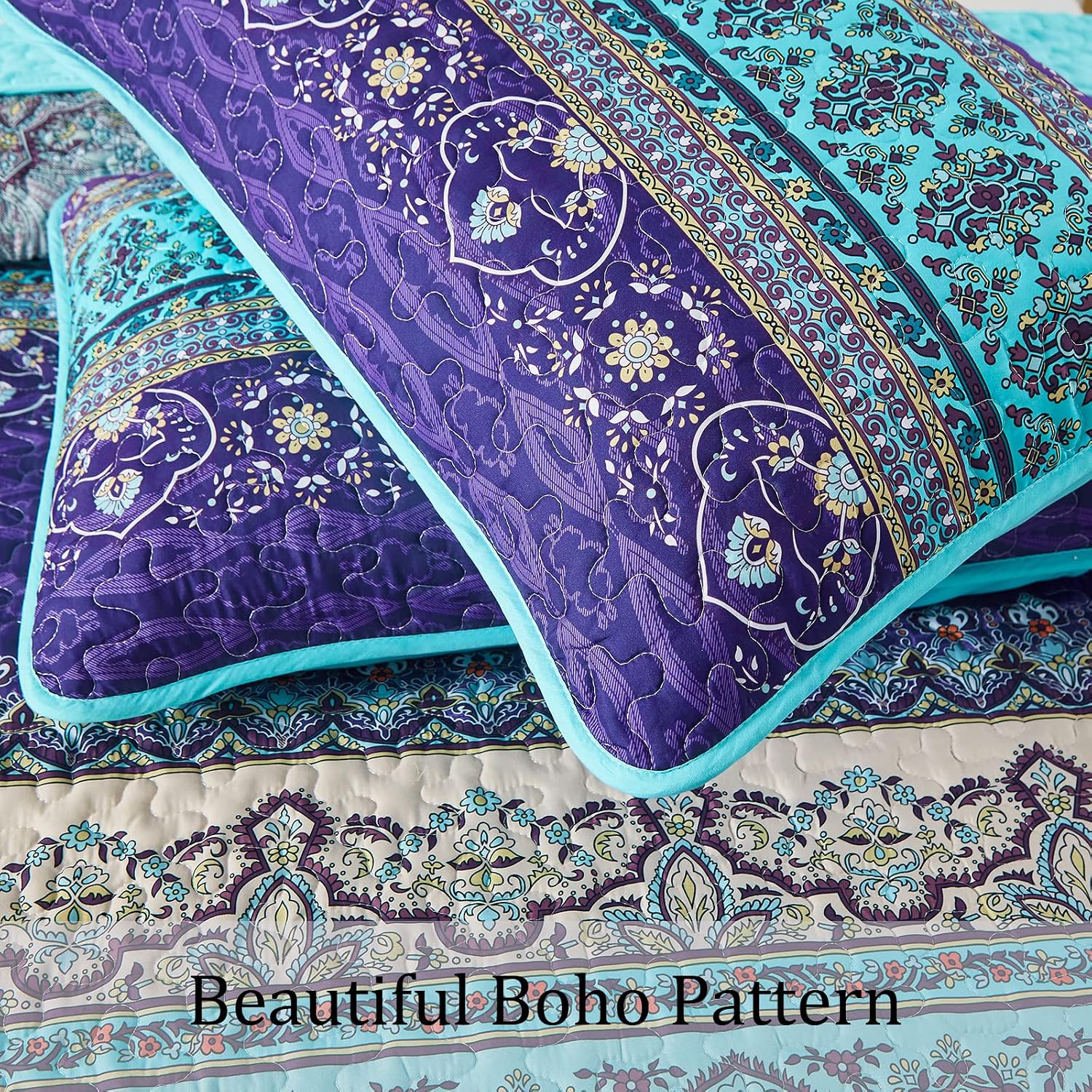 Boho Blue Purple Microfiber Quilt Set