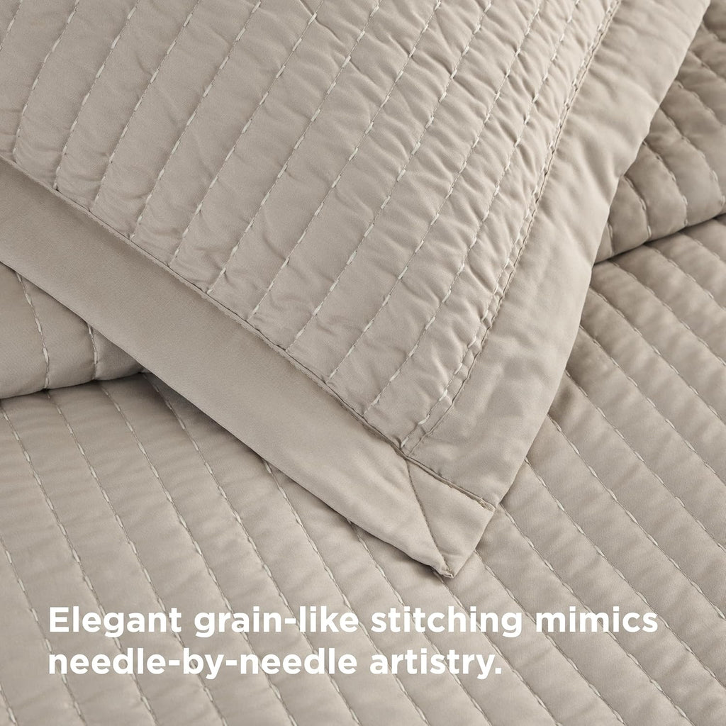 Striped Neutral Microfiber Quilt Bedding Set