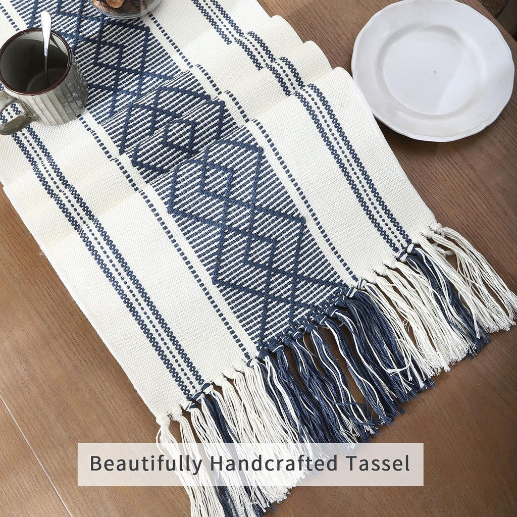 Tasseled Blue Boho Farmhouse Table Runner