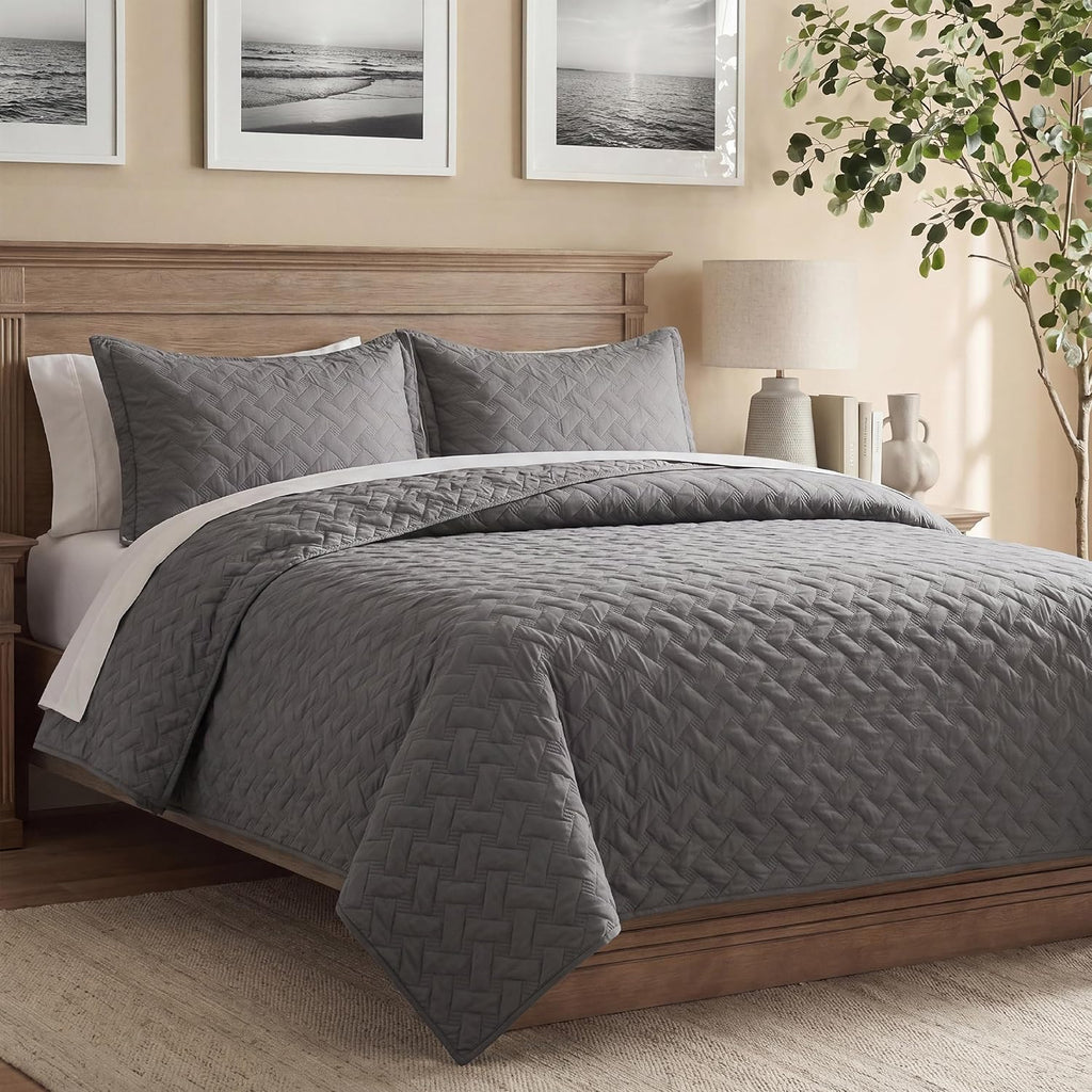 Basket Weave Grey Quilt Bedding Set