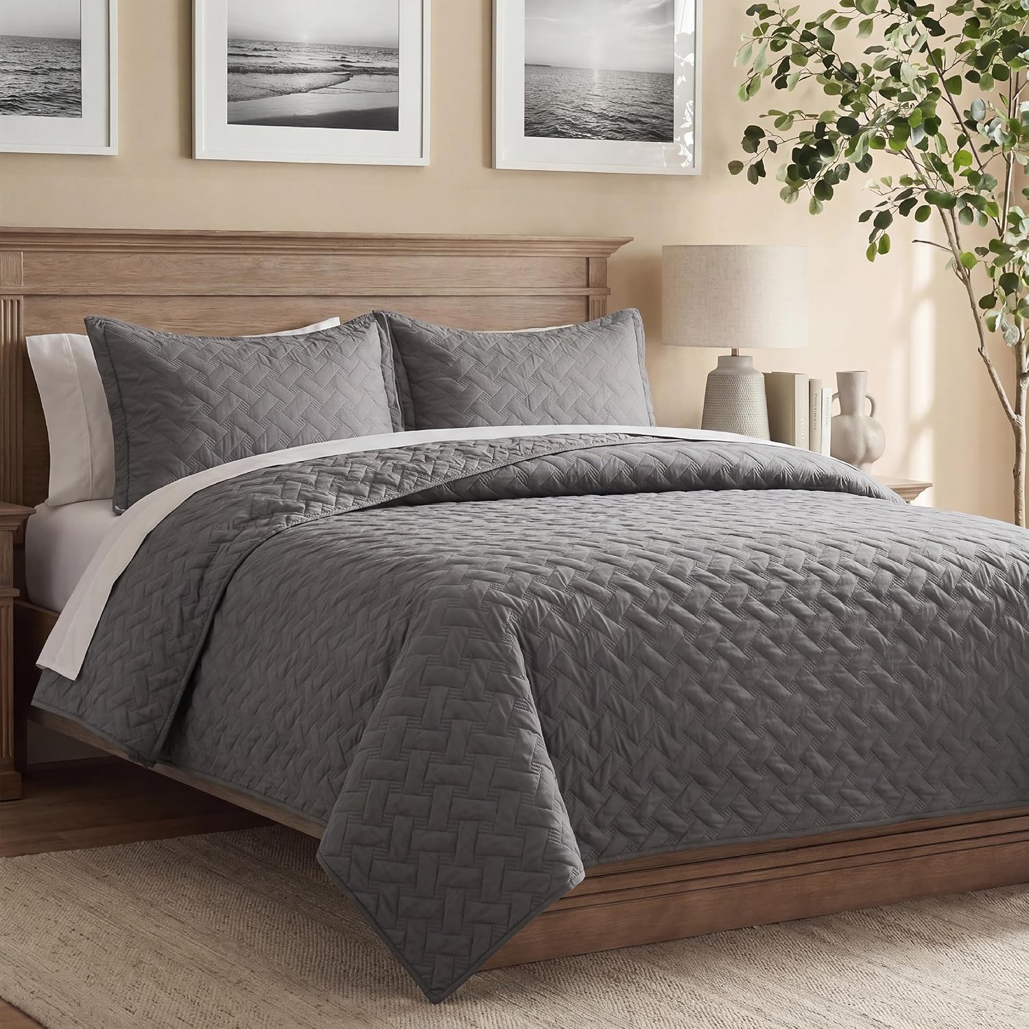 Basket Weave Grey Quilt Bedding Set