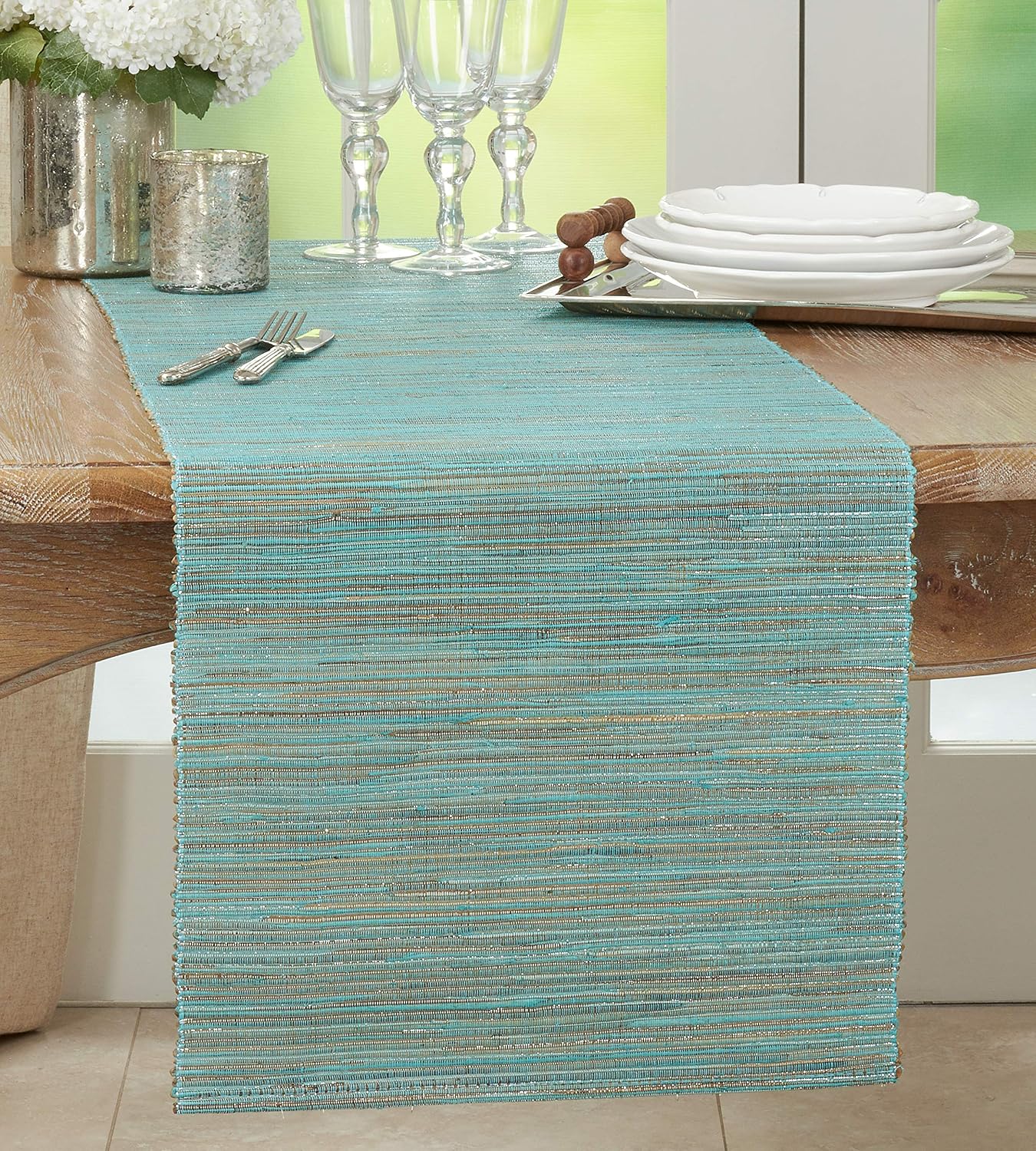 Shimmering Nubby Woven Turquoise Table Runner
